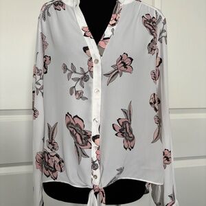*NWT* Candie's Blouse White with Pink Flowers button-down, tie front